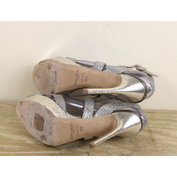 Jimmy Choo Heel 38.5 Vamp Silver Gold Glitter Fabric Platform 5" Sandals Shoes - Picture 7 of 15